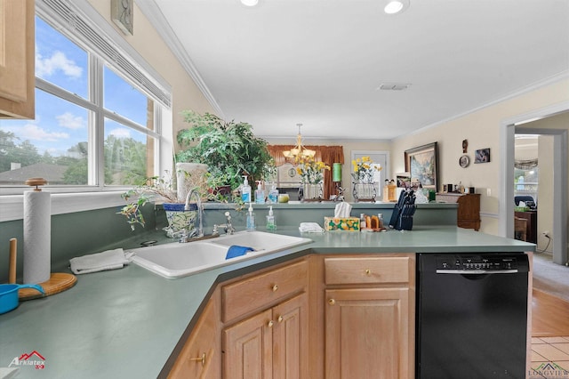 kitchen featuring an inviting chandelier, visible vents, ornamental molding, a sink, and dishwasher