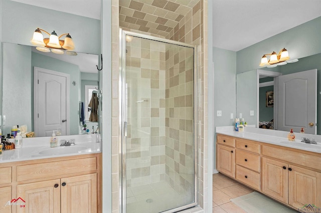 bathroom with a sink, tile patterned floors, and a shower stall