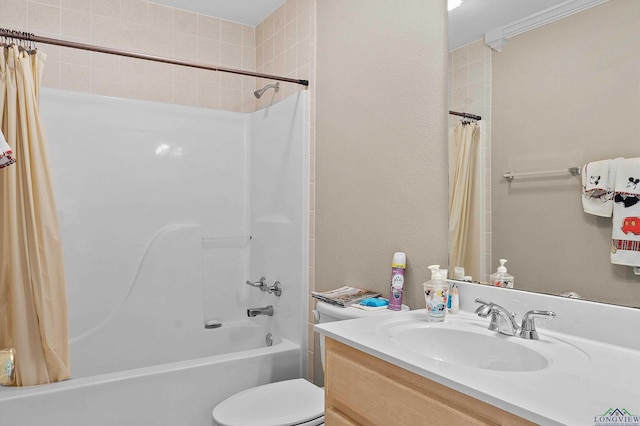 full bath with toilet, shower / bathtub combination with curtain, and vanity
