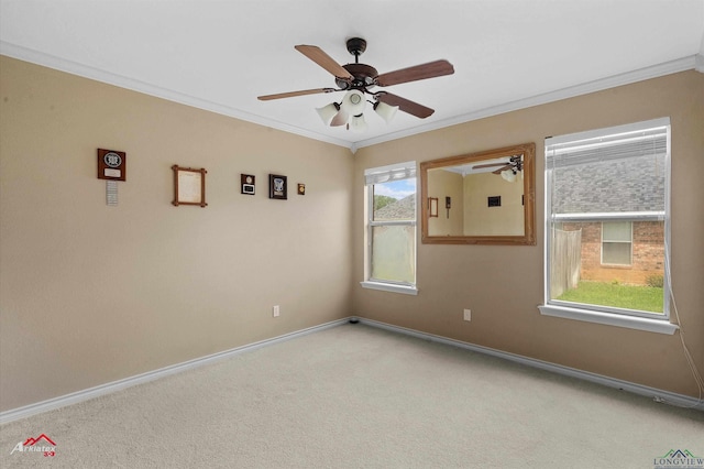 spare room with baseboards, a ceiling fan, carpet, and crown molding