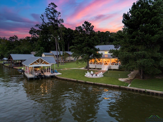 378 Cypress Creek Dr, Mount Vernon, TX 75457 - dock area with a water view, boat lift, a lawn, and stairway