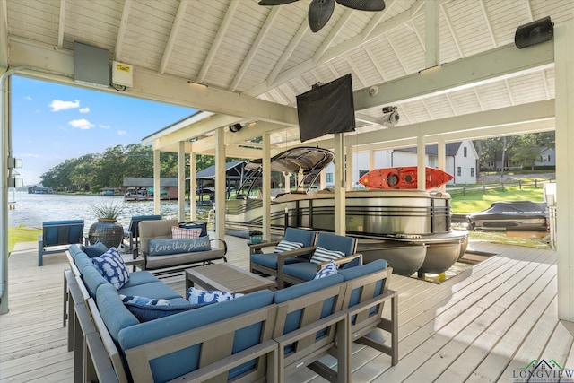 378 Cypress Creek Dr, Mount Vernon, TX 75457 - wooden terrace featuring outdoor lounge area, ceiling fan, and a water view