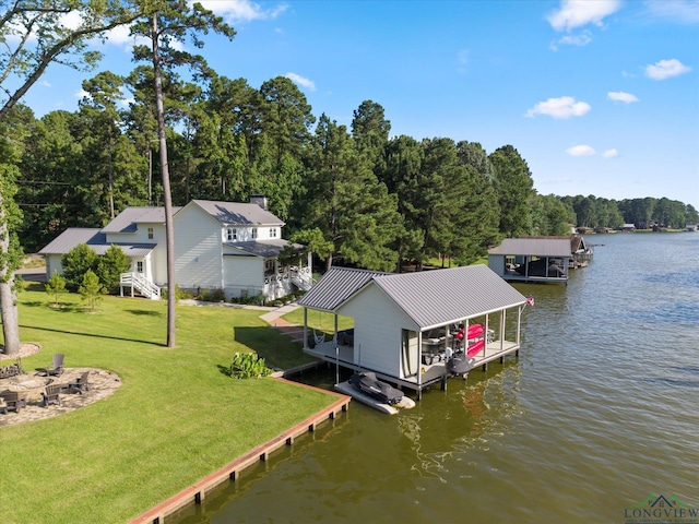 378 Cypress Creek Dr, Mount Vernon, TX 75457 - dock area with boat lift, a water view, a fire pit, a yard, and a forest view