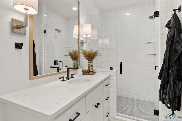 378 Cypress Creek Dr, Mount Vernon, TX 75457 - bathroom featuring vanity, a stall shower, and recessed lighting
