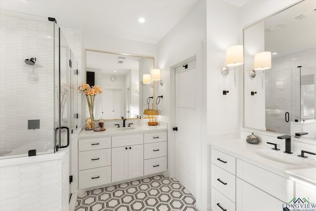 378 Cypress Creek Dr, Mount Vernon, TX 75457 - full bath featuring a stall shower, two vanities, and recessed lighting
