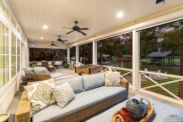 378 Cypress Creek Dr, Mount Vernon, TX 75457 - sunroom with an outdoor living space, a water view, and a ceiling fan