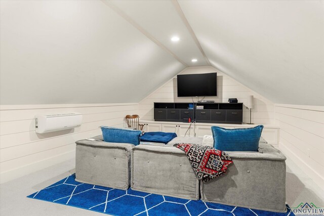 378 Cypress Creek Dr, Mount Vernon, TX 75457 - cinema room with vaulted ceiling, carpet flooring, recessed lighting, and wood walls
