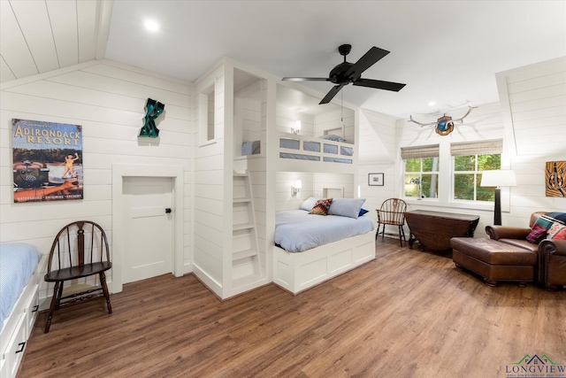 378 Cypress Creek Dr, Mount Vernon, TX 75457 - bedroom with wood finished floors, wooden walls, lofted ceiling, recessed lighting, and ceiling fan
