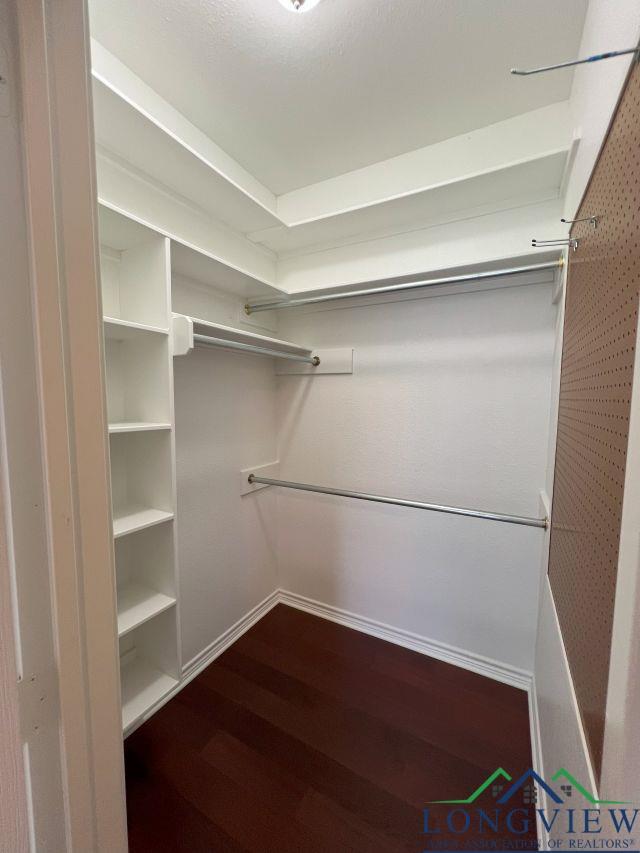 spacious closet with dark hardwood / wood-style flooring