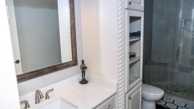 bathroom featuring vanity, toilet, and a shower with door