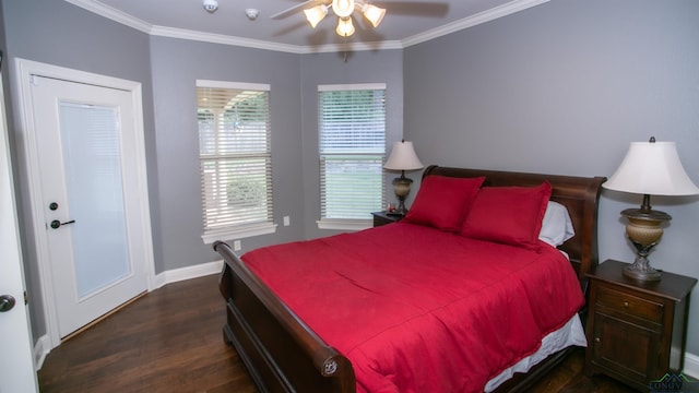 bedroom with ceiling fan, crown molding, and dark hardwood / wood-style floors