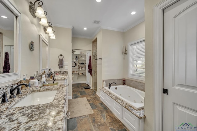 bathroom featuring vanity, crown molding, and plus walk in shower