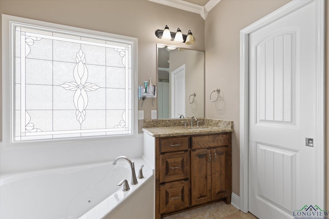 bathroom featuring vanity, ornamental molding, a bath, and a wealth of natural light