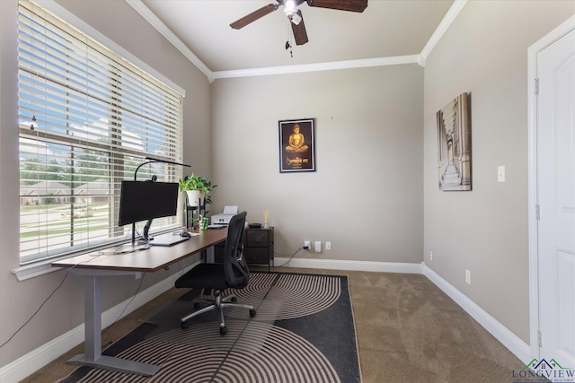 carpeted office with baseboards, ornamental molding, and ceiling fan