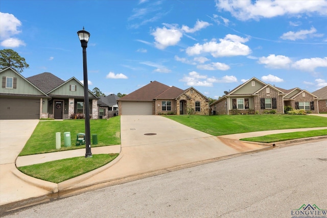 view of front of home with driveway, brick siding, and a front yard