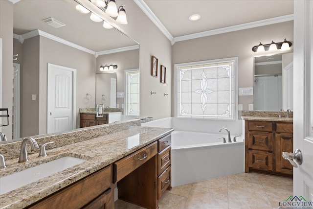 3363 Celebration Way, Longview, TX 75605 - bathroom with two vanities, a garden tub, crown molding, and tile patterned flooring
