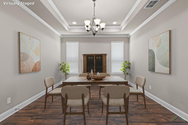 3363 Celebration Way, Longview, TX 75605 - dining area featuring a chandelier, a raised ceiling, dark wood-style flooring, ornamental molding, and recessed lighting