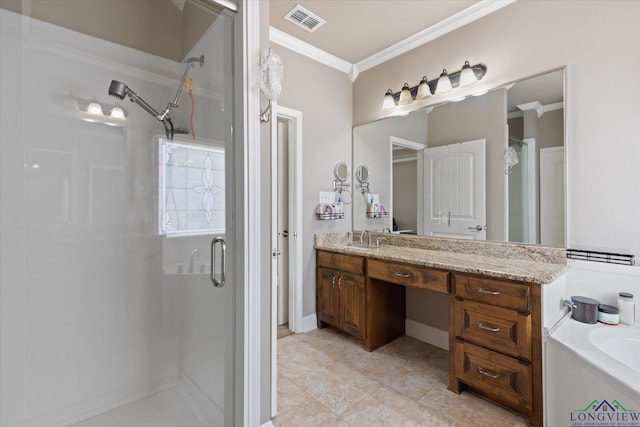 full bathroom with visible vents, a shower stall, vanity, tile patterned floors, and ornamental molding