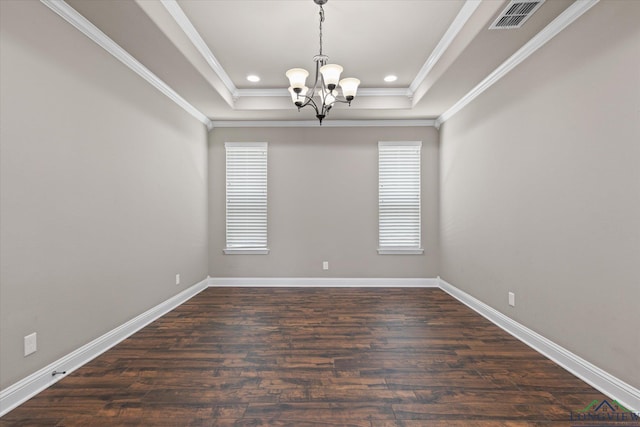 3363 Celebration Way, Longview, TX 75605 - spare room with a chandelier, a raised ceiling, dark wood-style flooring, ornamental molding, and recessed lighting