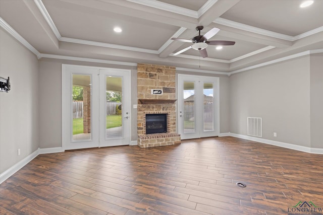 3363 Celebration Way, Longview, TX 75605 - unfurnished living room featuring coffered ceiling, ornamental molding, a ceiling fan, a brick fireplace, and beamed ceiling