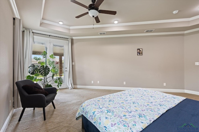 bedroom with ornamental molding, access to exterior, and visible vents