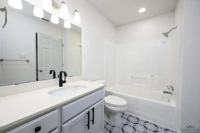 bathroom featuring tile patterned flooring, toilet, recessed lighting, bathing tub / shower combination, and vanity