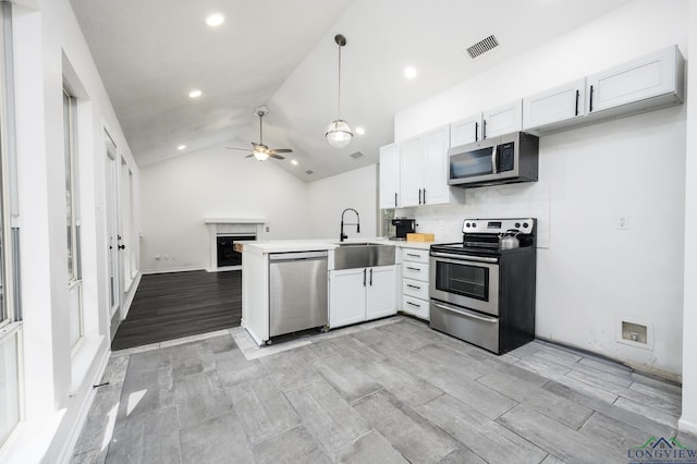 kitchen with visible vents, a glass covered fireplace, a peninsula, stainless steel appliances, and a sink