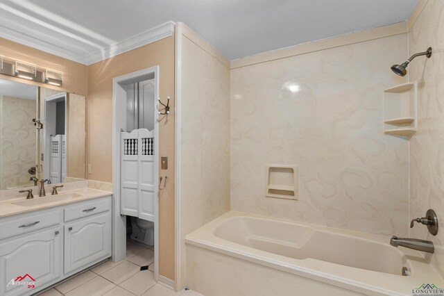 bathroom featuring tile patterned flooring, vanity, ornamental molding, and bathtub / shower combination