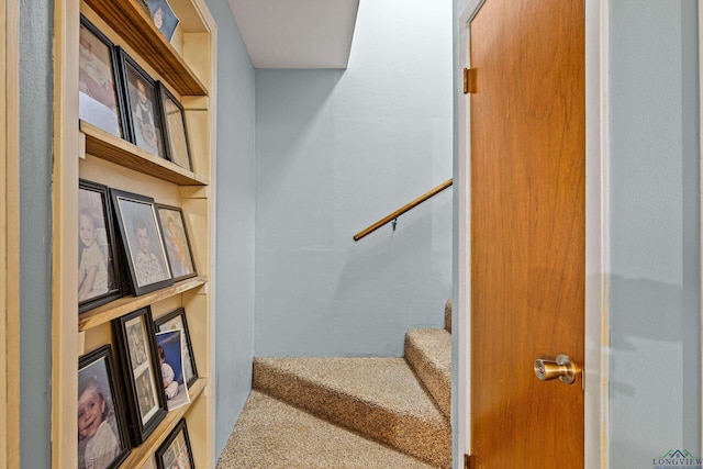 stairway featuring carpet flooring