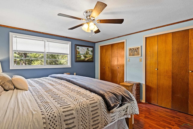 bedroom with a textured ceiling, ceiling fan, dark hardwood / wood-style flooring, and two closets