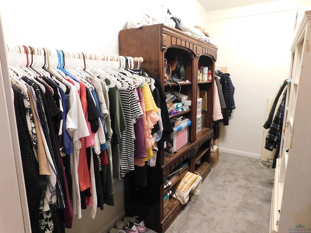 walk in closet with light carpet