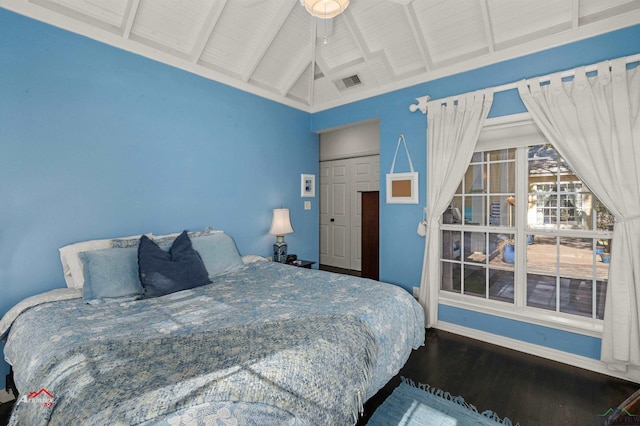 bedroom featuring lofted ceiling with beams, wood-type flooring, and wooden ceiling