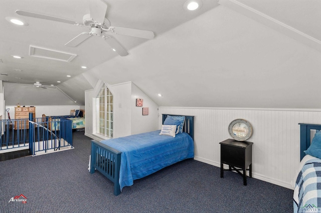 carpeted bedroom featuring lofted ceiling and ceiling fan