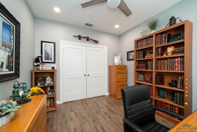 office area featuring ceiling fan and hardwood / wood-style flooring