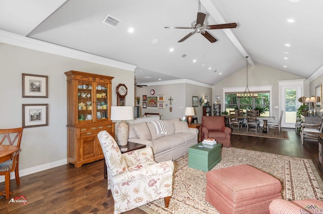 living room featuring dark hardwood / wood-style flooring, lofted ceiling with beams, ceiling fan, and ornamental molding