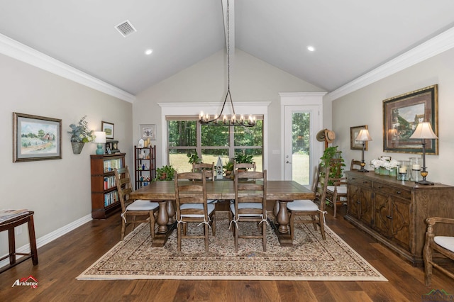 dining room with lofted ceiling with beams, crown molding, dark wood-type flooring, and an inviting chandelier