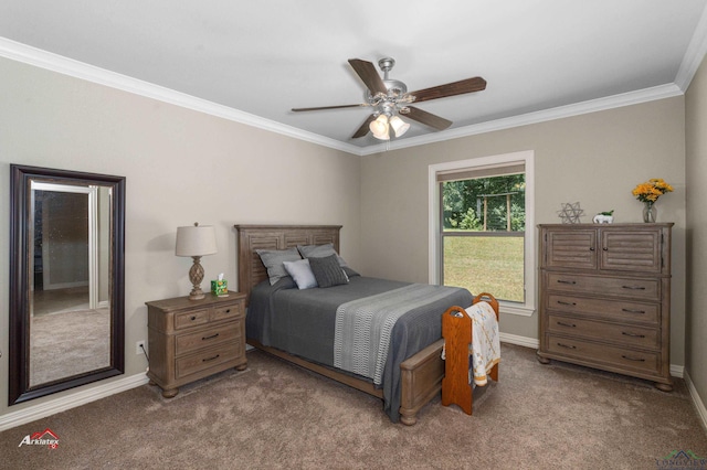 bedroom featuring ceiling fan, carpet floors, and ornamental molding