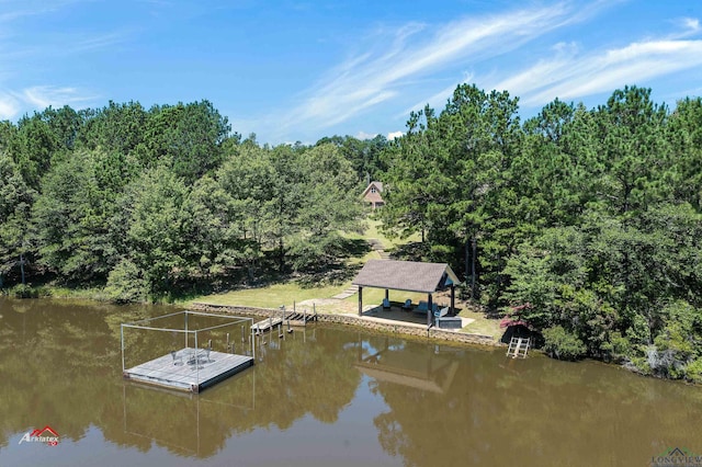 view of dock featuring a gazebo and a water view