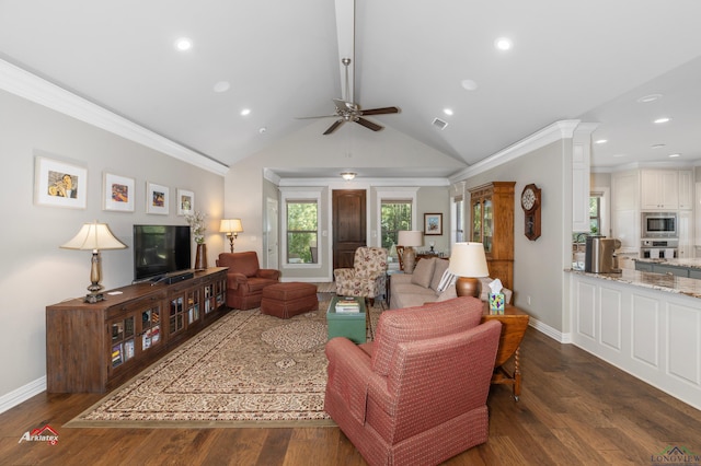 living room with crown molding and dark wood-type flooring