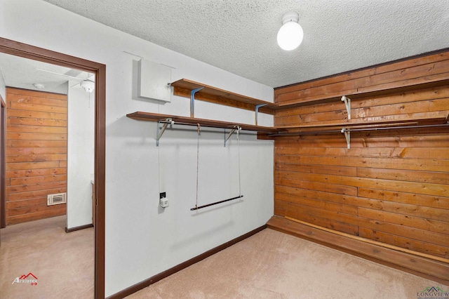 spacious closet featuring light colored carpet