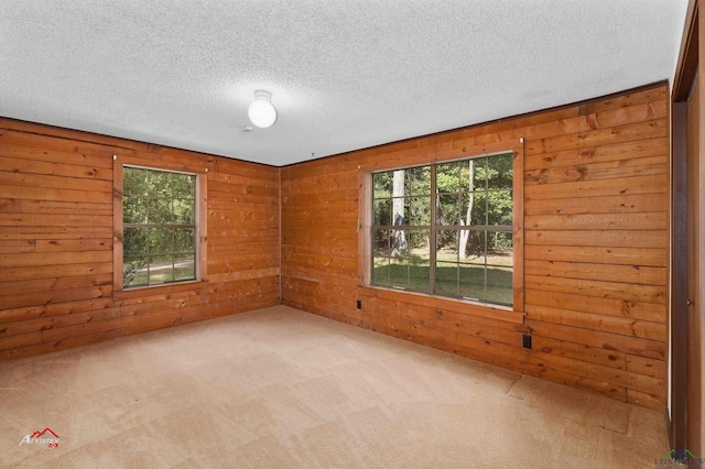 unfurnished room with wooden walls, light colored carpet, and a textured ceiling