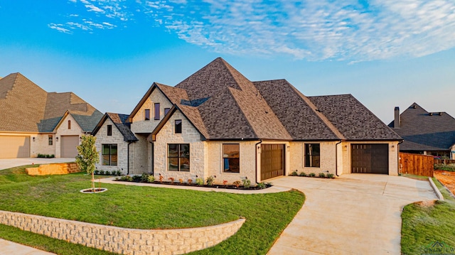 view of front of property with a garage and a front lawn