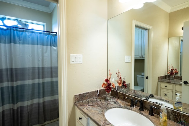 bathroom featuring toilet, vanity, and ornamental molding