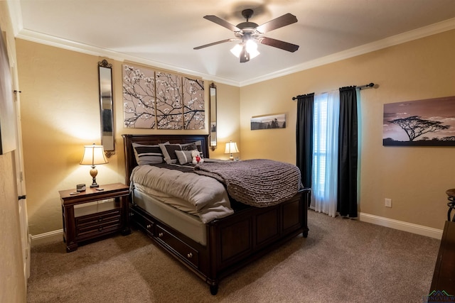 carpeted bedroom with ceiling fan and ornamental molding