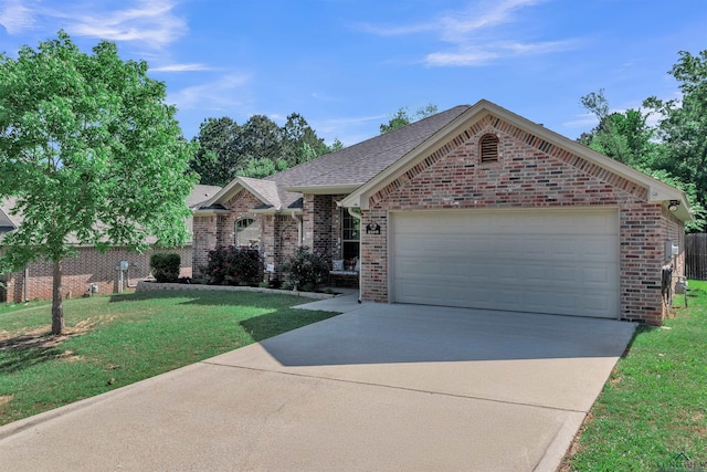 ranch-style home featuring concrete driveway, brick siding, a garage, a shingled roof, and a front yard