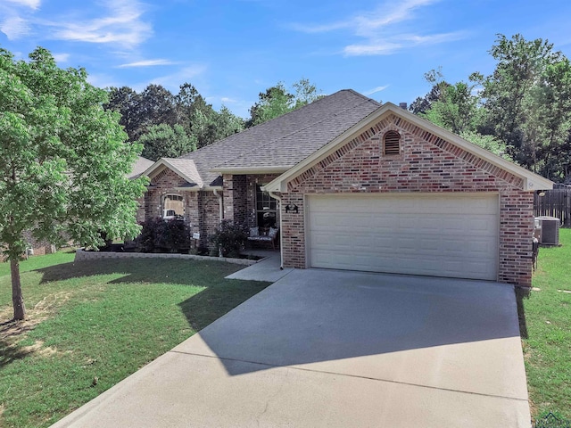 ranch-style house with central AC unit, brick siding, driveway, and a garage