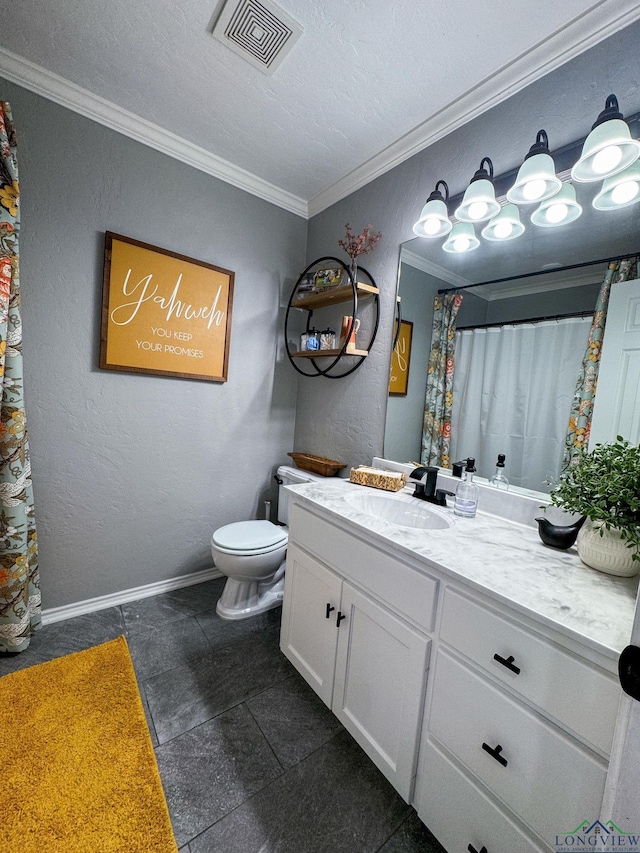 full bath with visible vents, toilet, ornamental molding, a textured wall, and vanity