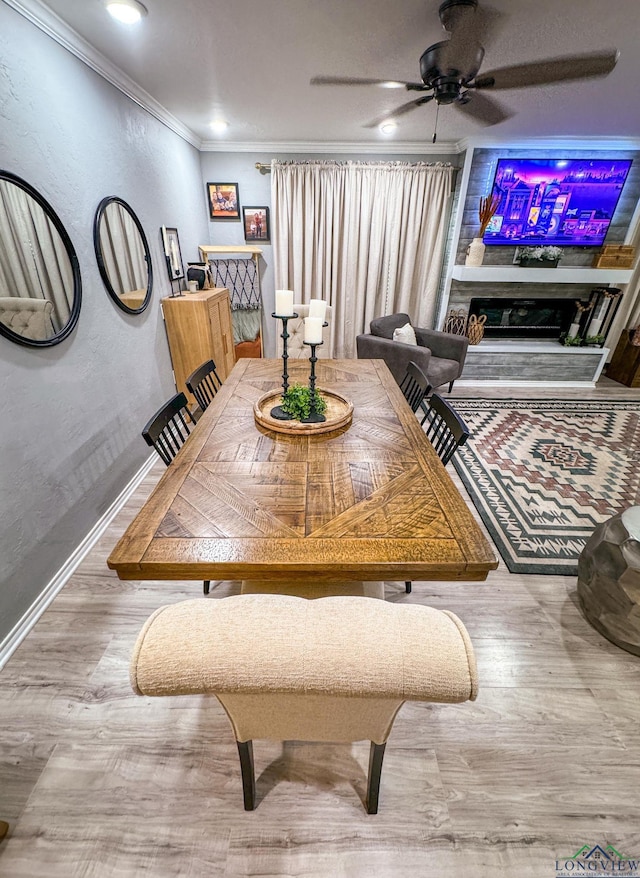 dining room with a ceiling fan, wood finished floors, crown molding, baseboards, and a textured wall