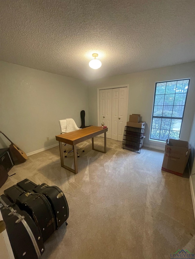 carpeted home office featuring a textured ceiling