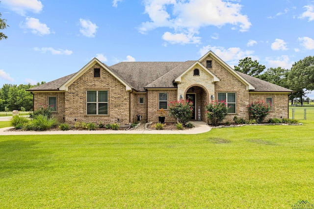159 Jacobin Creek Dr, Gilmer, TX 75645 - view of front of home with brick siding, a front yard, and roof with shingles